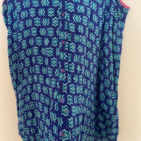 Maeve Anthropologie rayon tank blouse v neck button dwn sz 10 blue print w/ pink - Picture 7 of 7